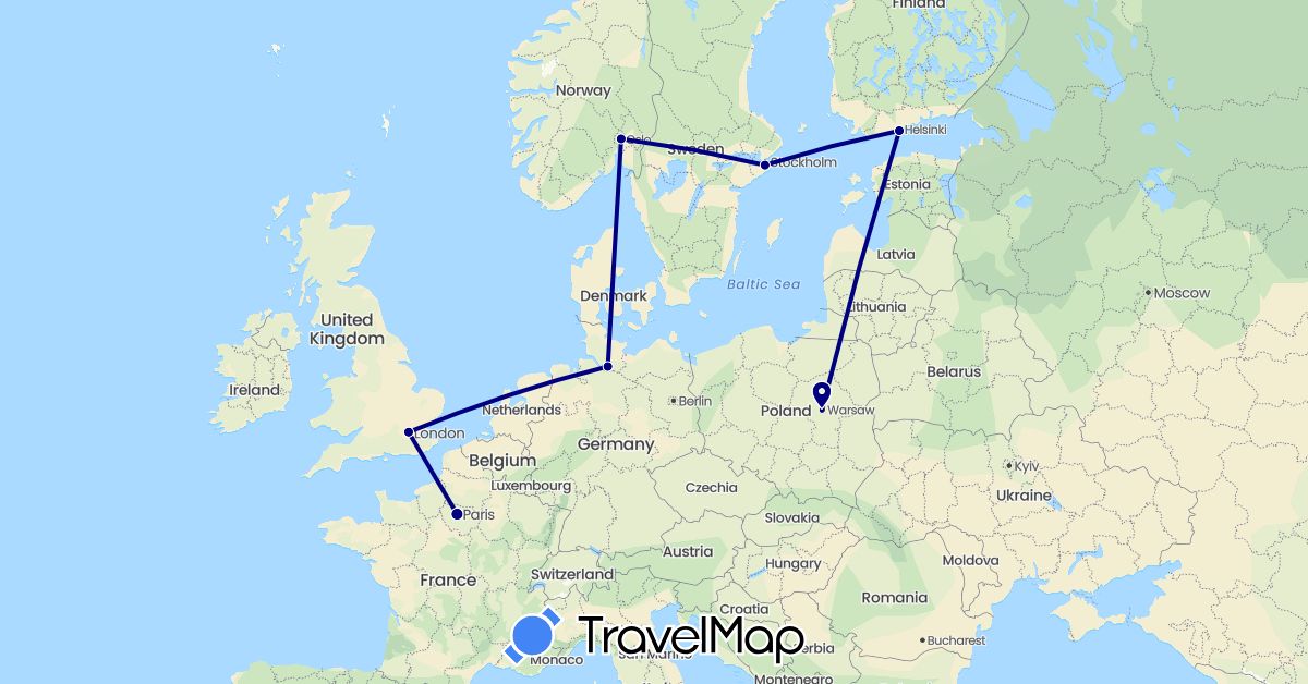 TravelMap itinerary: driving in Germany, Finland, France, United Kingdom, Norway, Poland, Sweden (Europe)